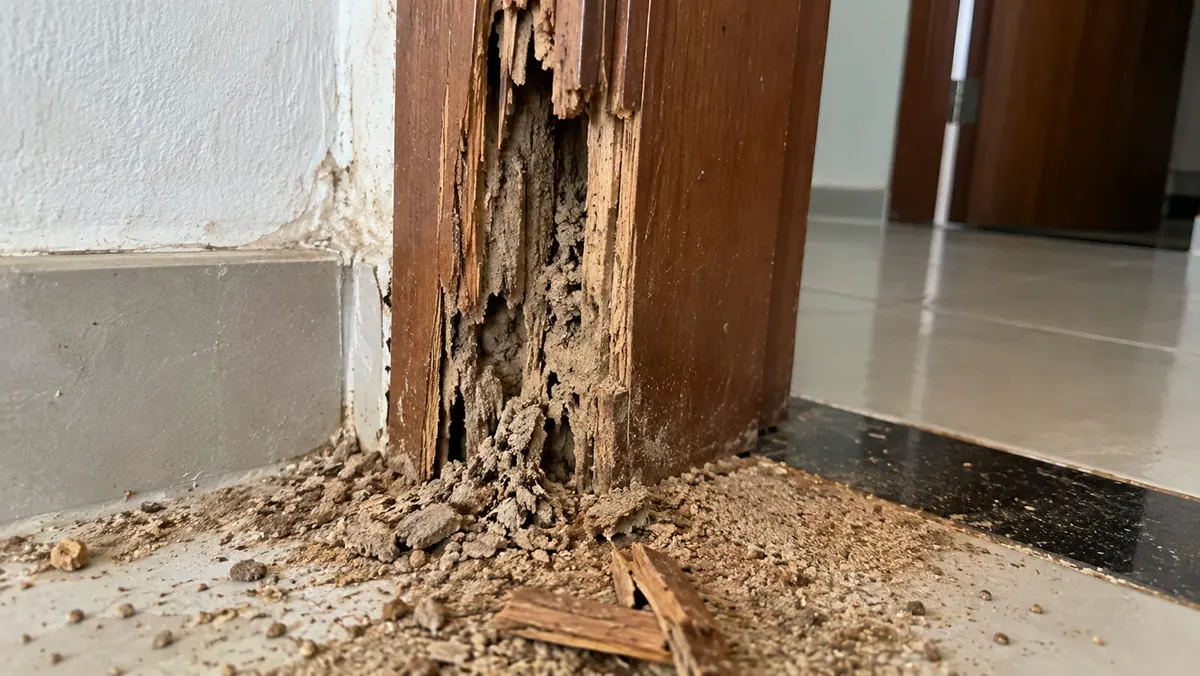 Batente e rodapé de madeira destruídos por cupim — dano estrutural que a Bayo identifica na inspeção técnica