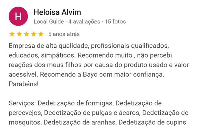 Avaliação de Heloisa Alvim no Google: empresa de alta qualidade, não percebi reações dos meus filhos ao produto usado, valor acessível