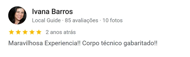 Avaliação de Ivana Barros no Google: maravilhosa experiência, corpo técnico gabaritado