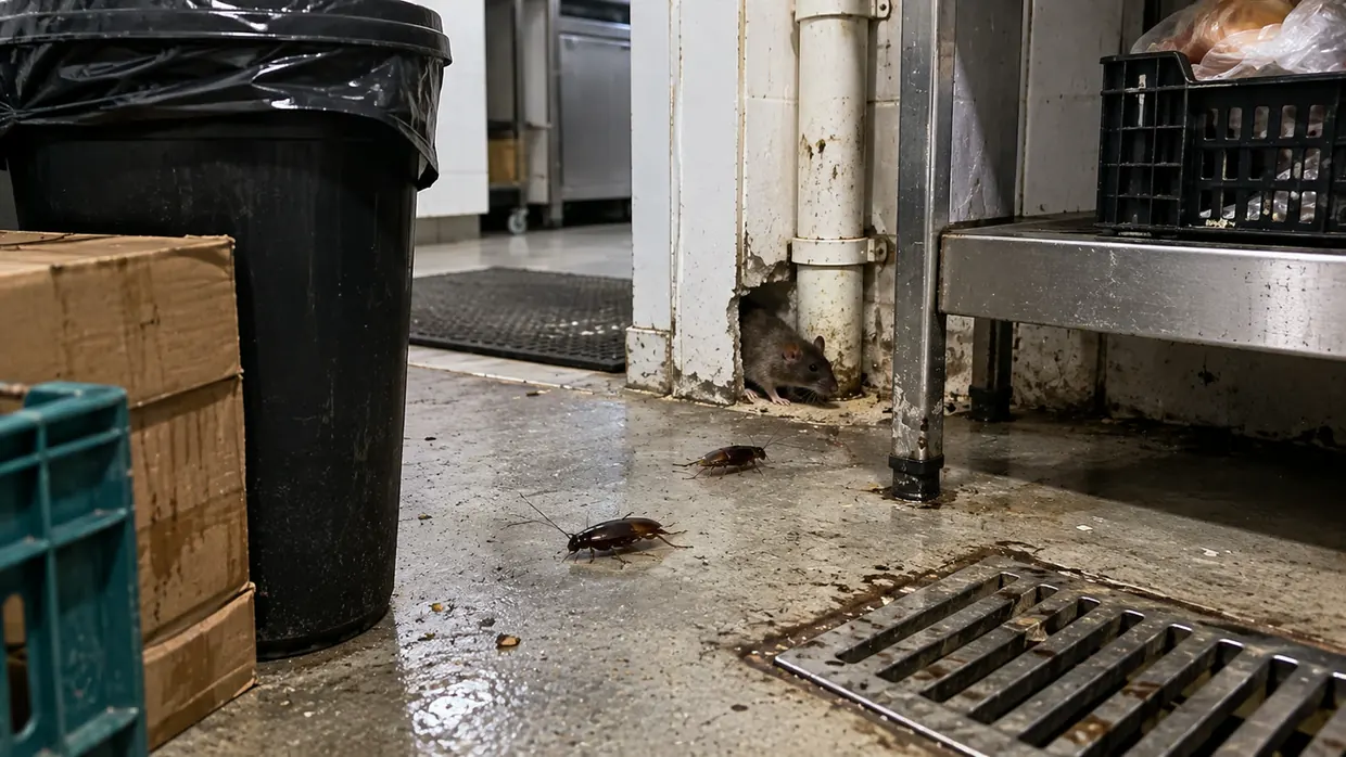 Rato e baratas em área de depósito comercial — pragas urbanas atendidas pela Bayo